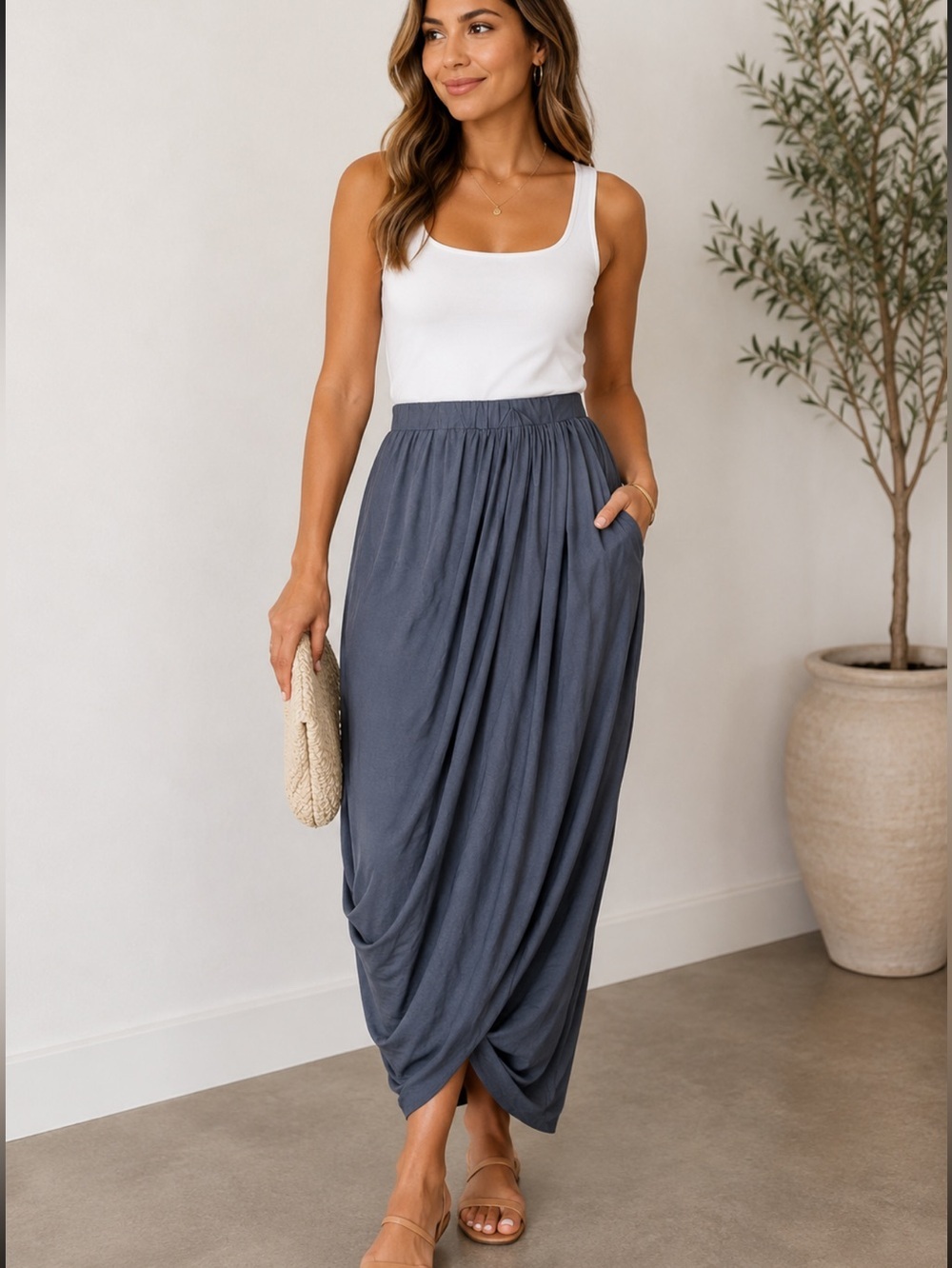 Peruvian connection Elegant blue gray Draped Skirt elastic waist Pima  Cotton S